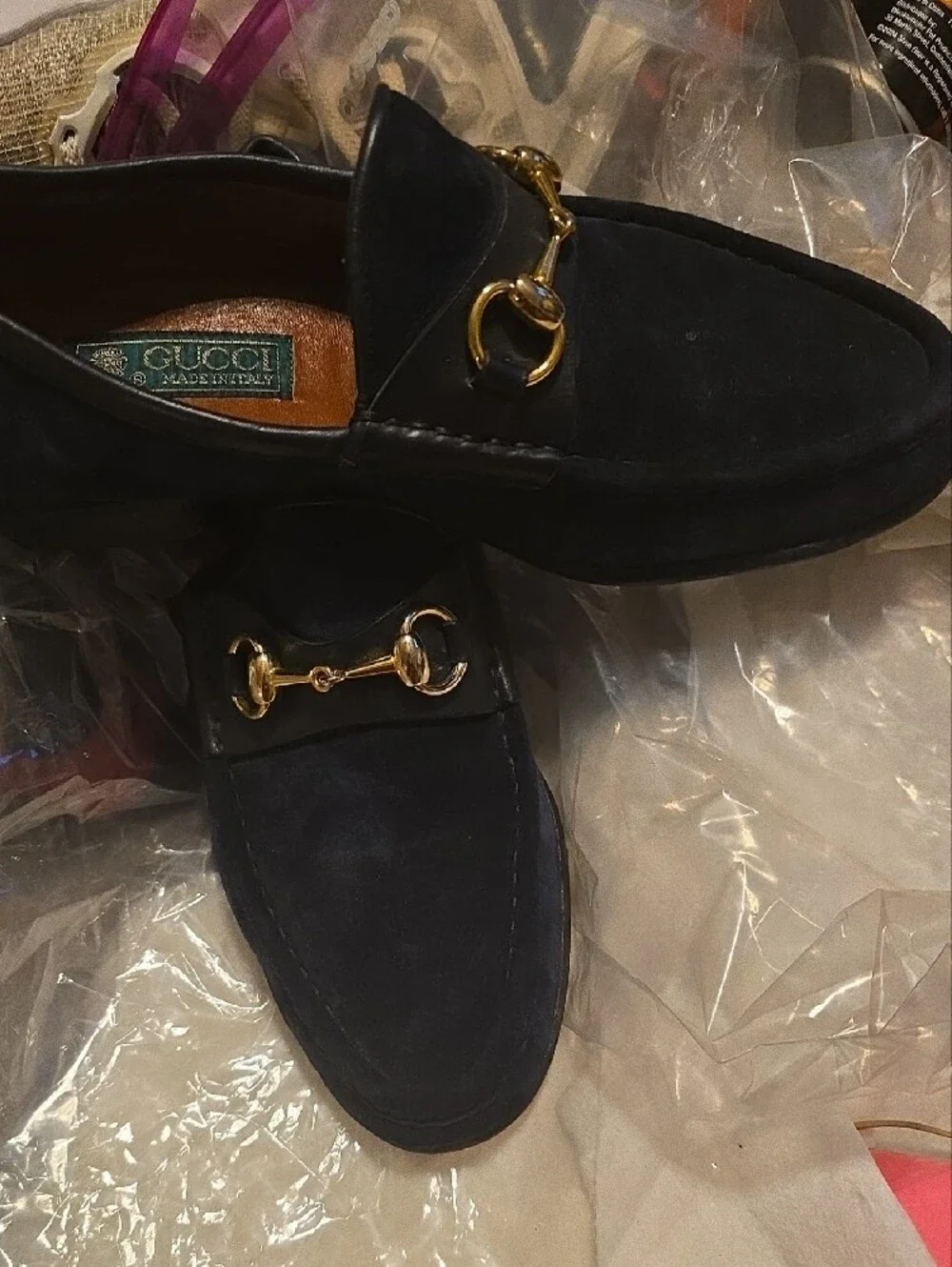 Gucci Navy Blue Suede Loafers with Brown Leather Insole